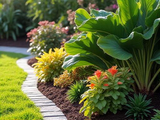 Beautifully designed landscape with tropical plants and stone edging